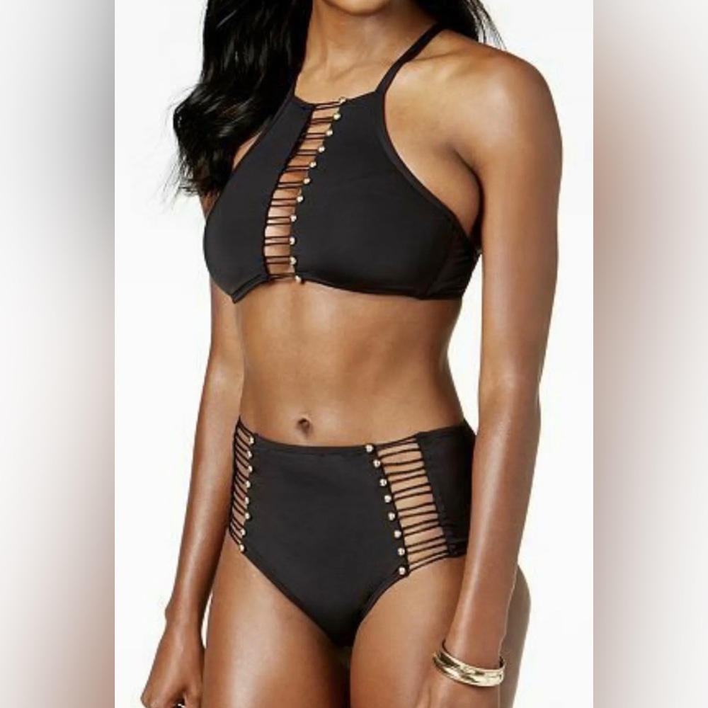Kenneth Cole NY High Neck 2 Piece Black & Gold Bikini High Waisted Bottom